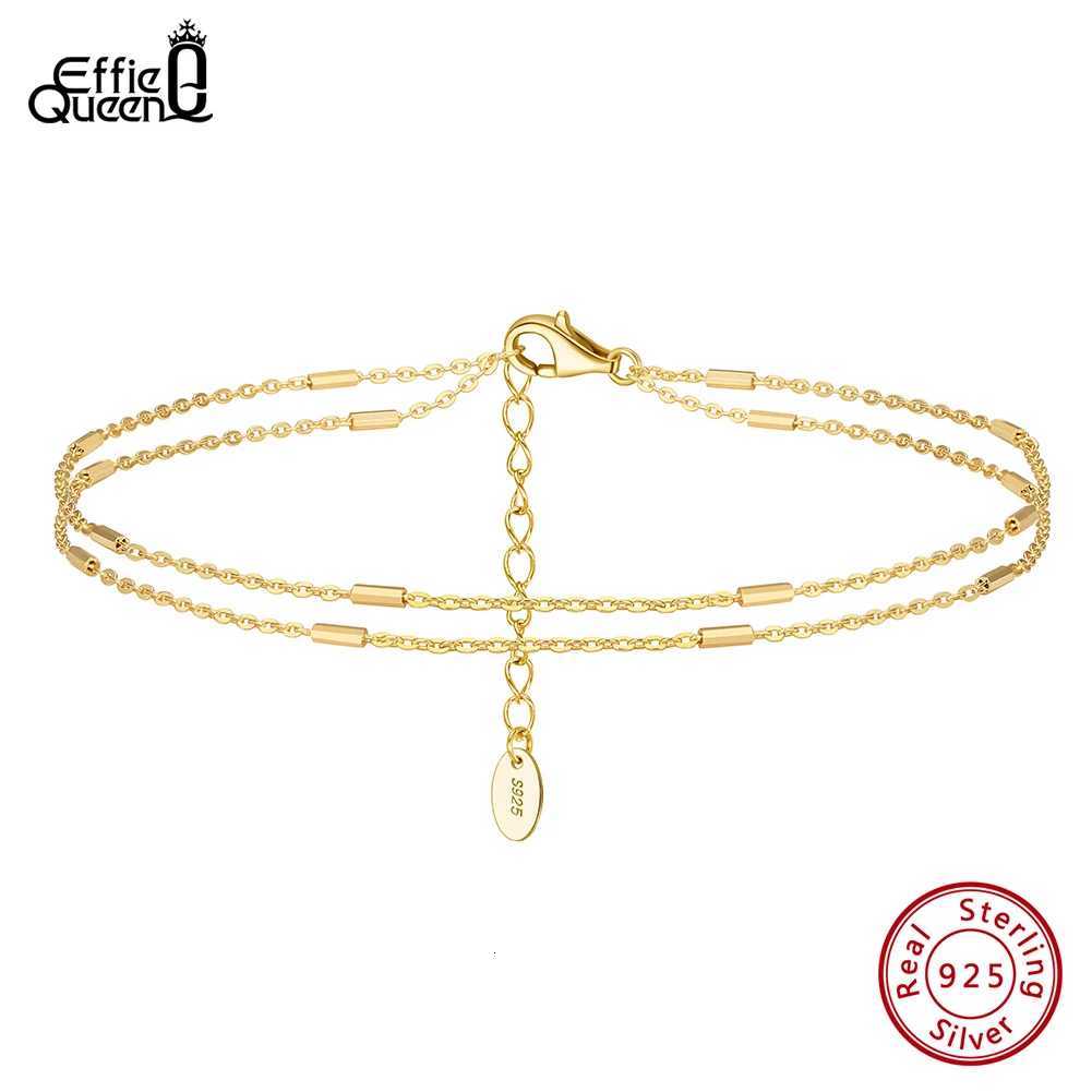Effie Queen 14K Gold Double Cable Chain Anklet Horizontal Bar Decor 925 Sterling Silver For Women Anklets Fine Jewelry Gift SA35 Y250805