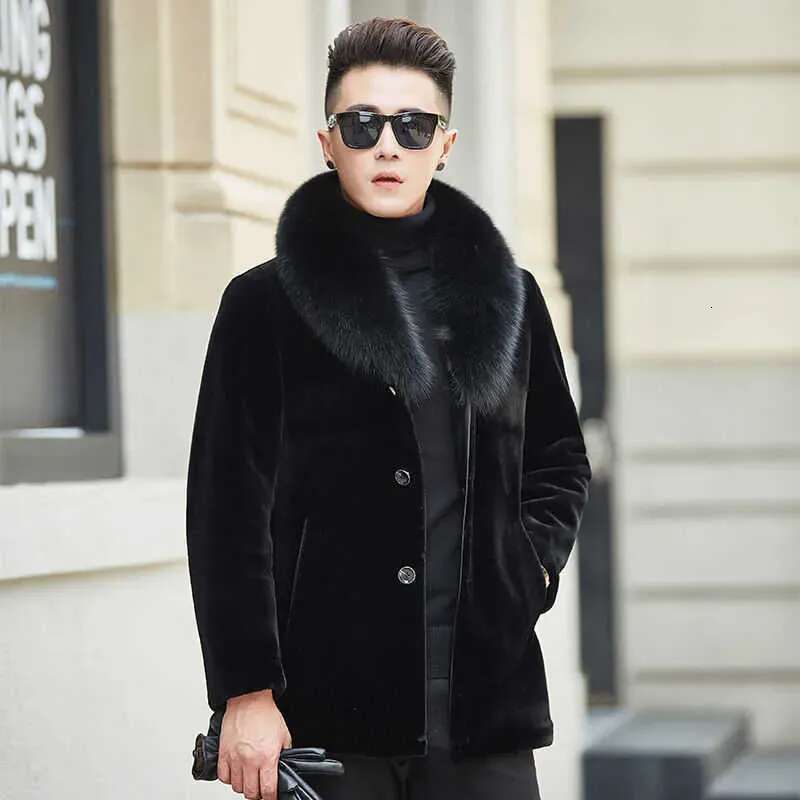 Men's Winter Faux Fur Collar Mens Veet Thick Warm Fluffy Coat Long Sleeve Casual Black Windbreaker Artificial Mink