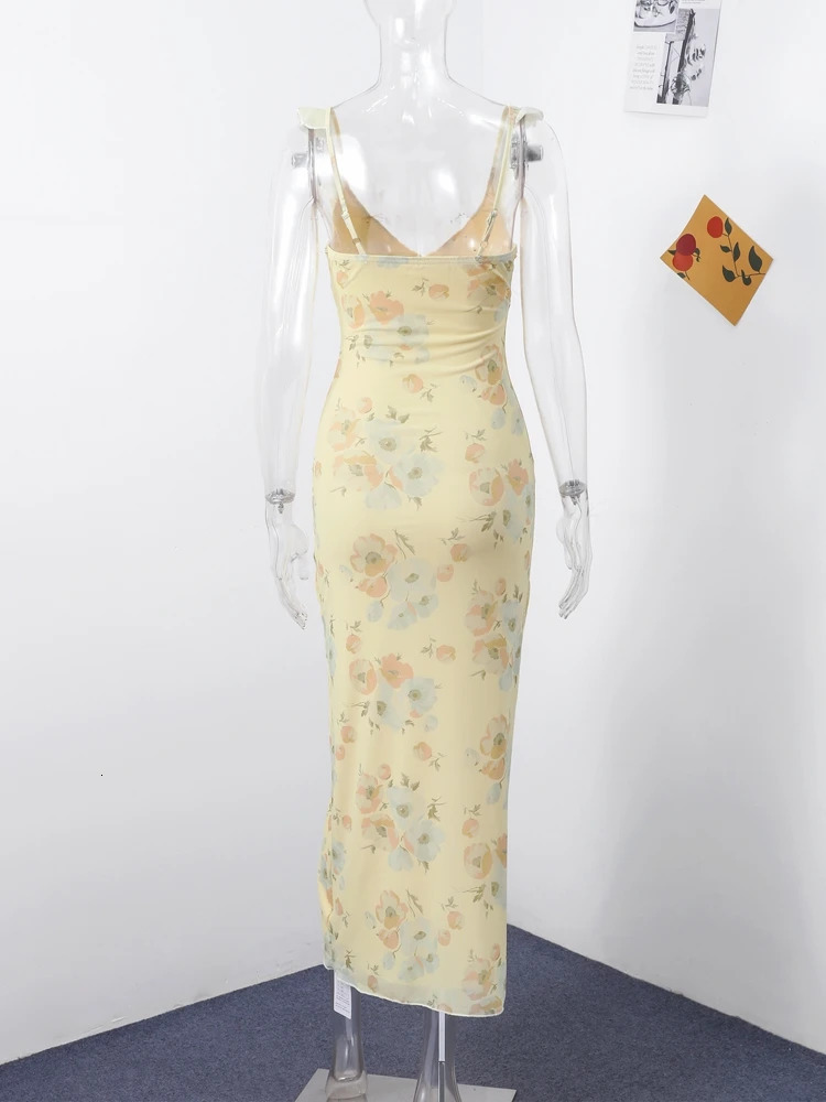 Summer Flower Printed Womens Sexy Lowcut Dress Sleeveless Backless Slim Sling Dresses Beach Vacation Lady Vestidos 250807