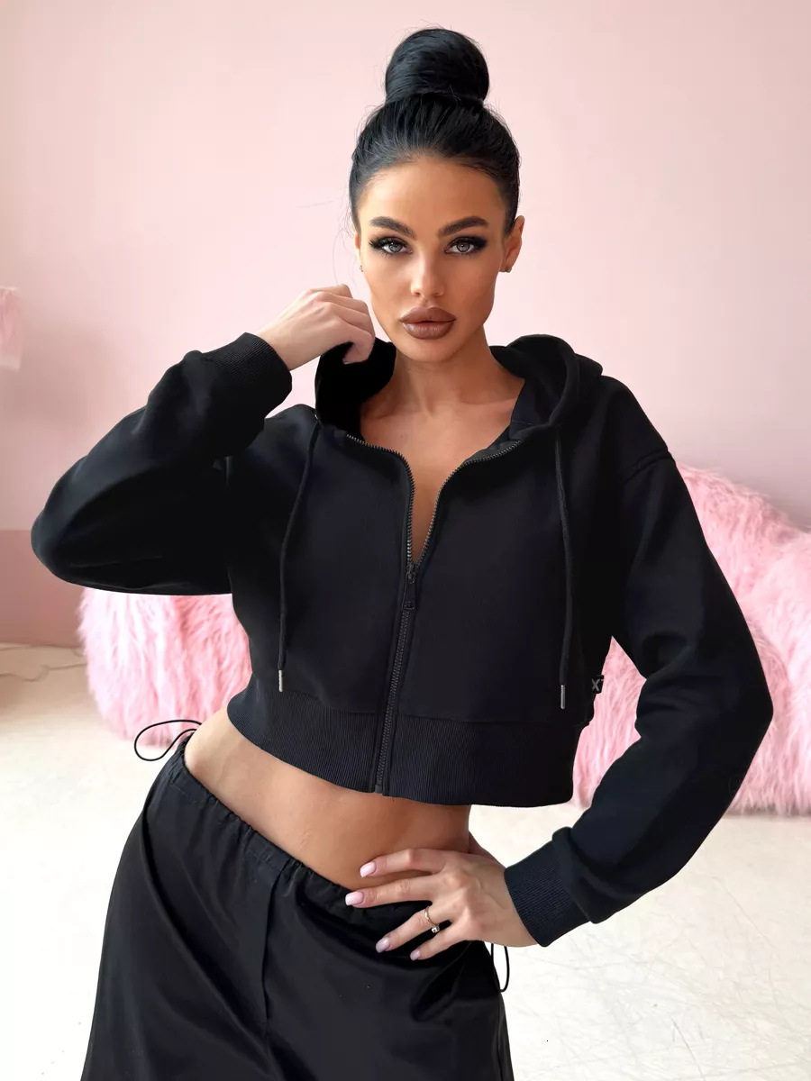Free Shipping Designer Hoodie 2025 New Women's Long Sleeved Hooded Zipper Cardigan Sexy Exposed Waist Wool Sportswear