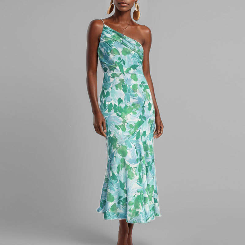 New Women's Sexy Strap Long Printed Asymmetrical Neck Mermaid Dress B5 h7