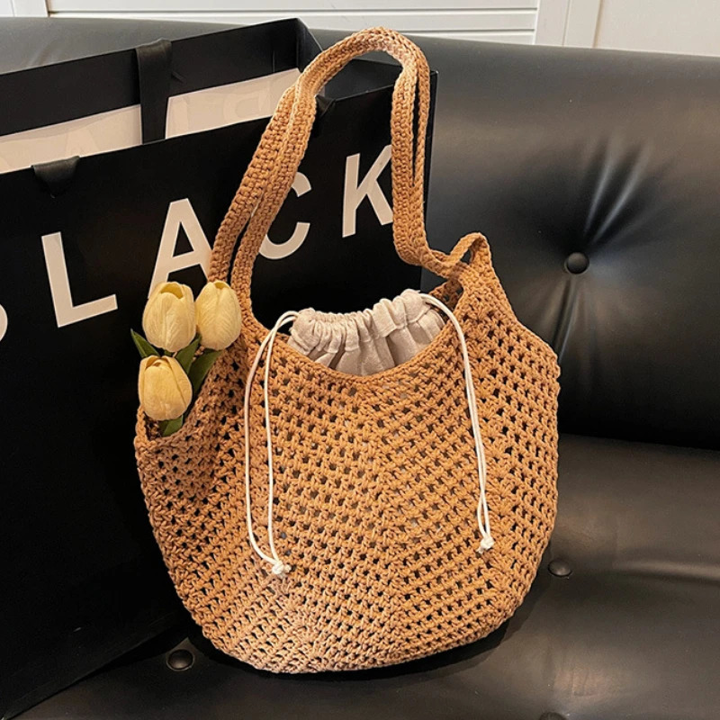 2025 Latest Summer Beach Straw Woven Tote Bag For Women 2IN1 Hollowout Lightweight Large Capacity Shopper Shoulder Female 250801