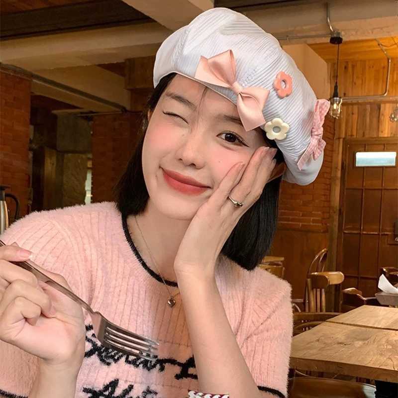 RICYGVM Korean Girl Beret Bow Flower Button Decor Octagonal Hat Japanese Artist Painter C Sweet Women Berets Beanies Bonnet Hat XJ250807
