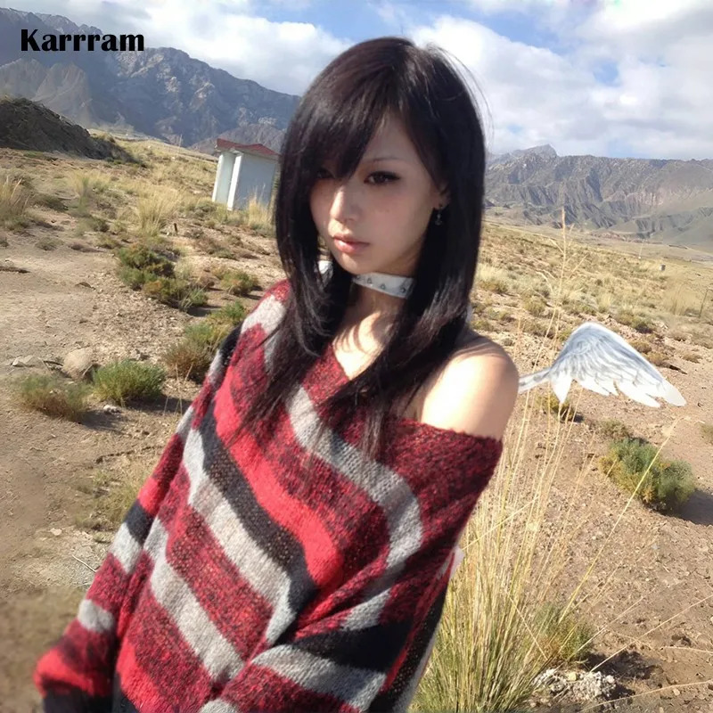 Karrram Y2k Aesthetics Off Shoulder Pullover Grunge Gothic Red Striped Sweater Japanese Harajuku Loose Knit Tops American Retro 250806