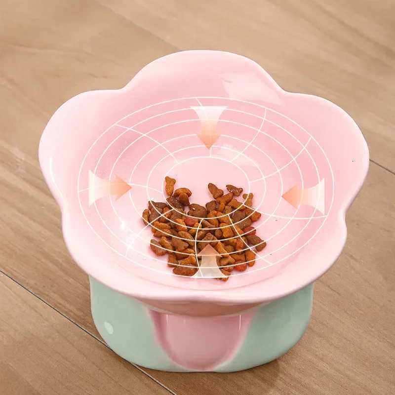 Cute Ceramic Cat Bowl High Foot Plate Non-slip Flower Shape Dog Puppy Feeder Feeding Food Water Protection Cervical Pet Supplies Y250806