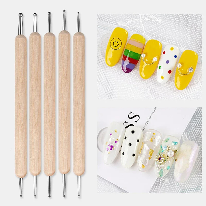 RHJB Nail Point Drill Pen Wooden Pen Bar Stirring Nail Polish Draw Five Petals Flower Polka Dot Double Head Stainless Bar Pen 250805