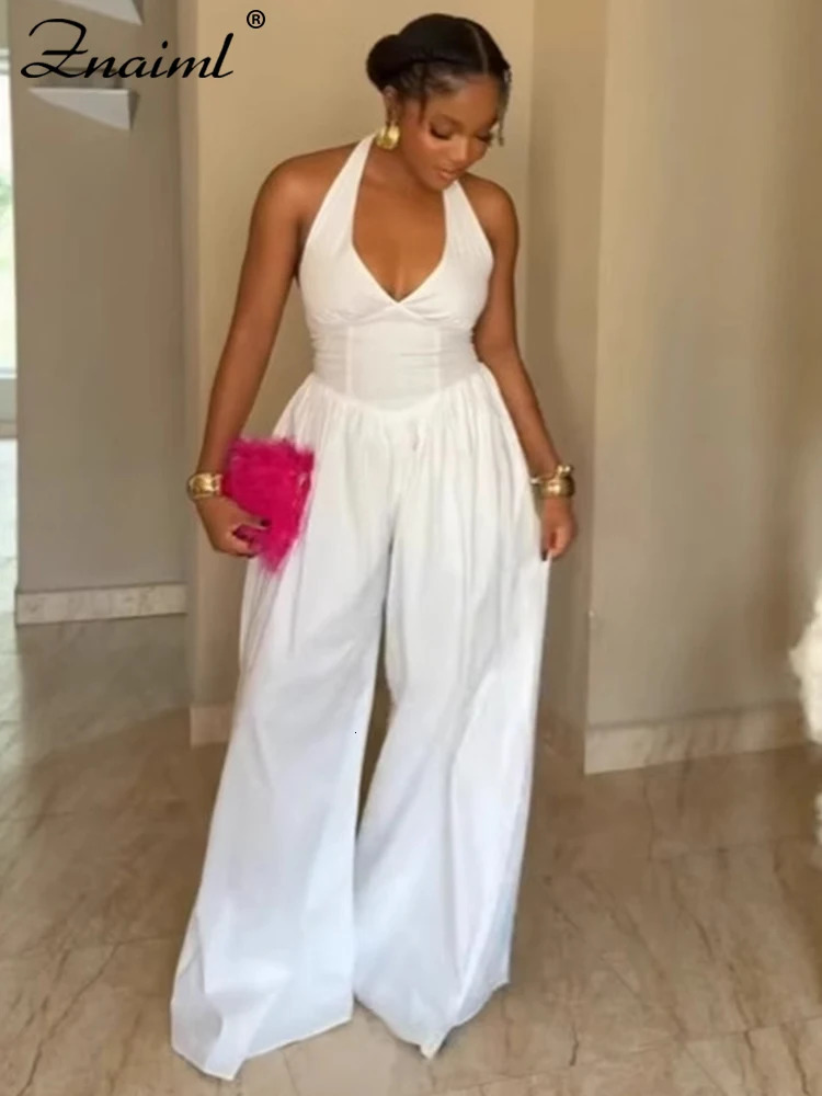 Znaiml Elegant Evening Gowns Biarthday Party One Pieces Wide Leg Pants Outfit for Women White Halter Backless Jumpsuit Rompers 250807