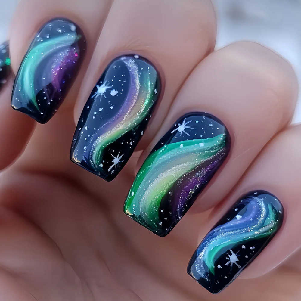 Medium Fake Nails For Women Girls Gradient Blue Pink Starry Sky Star Moon Y2K Design Almond Nail Tips Press On False Nail Set Z250806