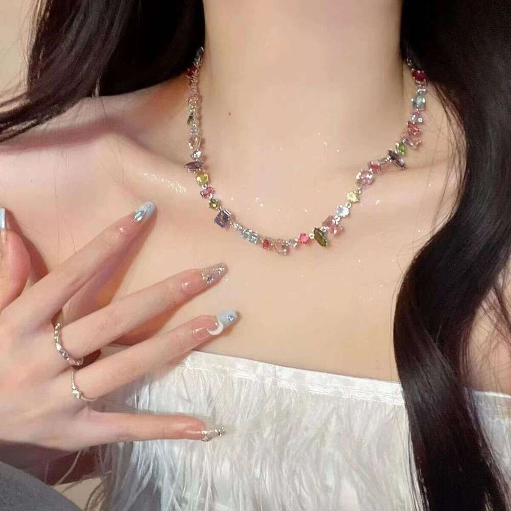 Sweetheart Candy Colorful Crystal Zircon Necklace Color-Block Inlaid Dia Rainbow Choker High-End Clavicle Chain