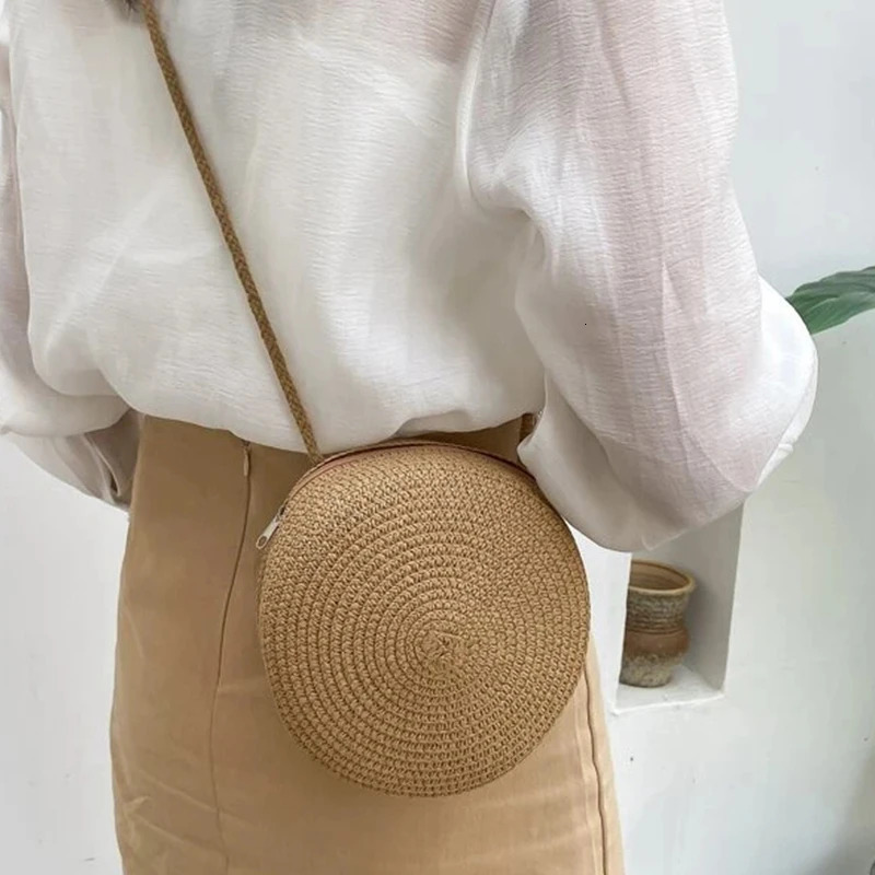 Round Straw Bag Women Woven Beach Crossbody Bag for Ladies Cute Shoulder Rattan Handmade Knitted Candy Color Small Handbag Bolsa 250805