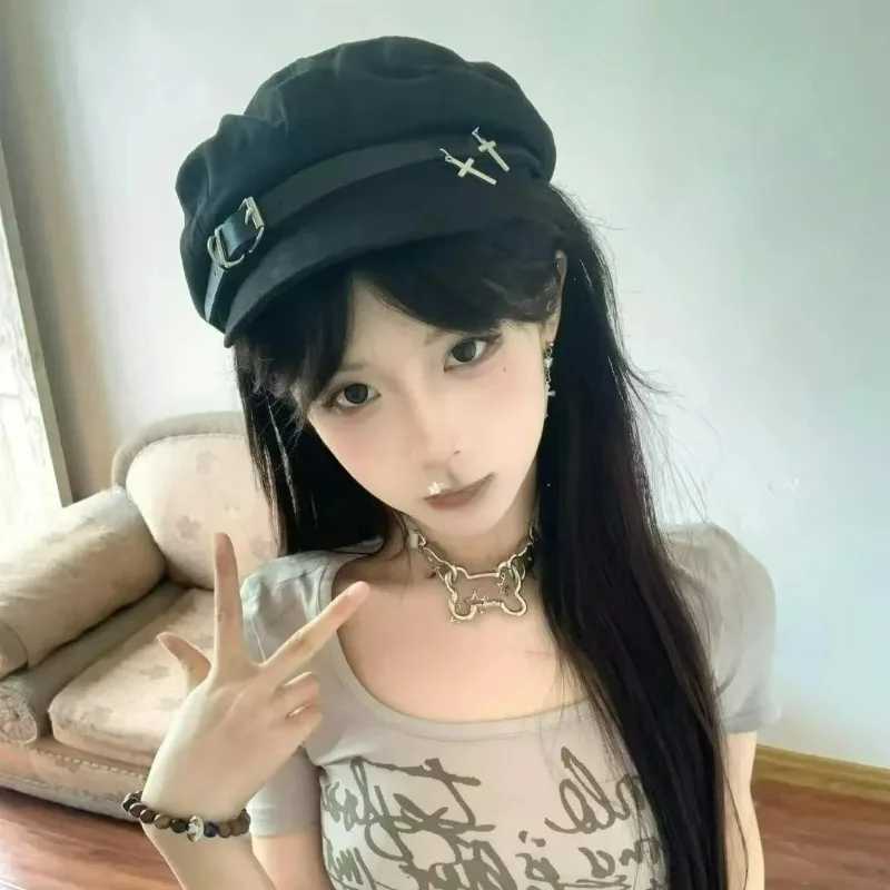 Fashion Womens Y2k Hats Sweet Cool Girls C Metal Cross Street Military Hat Black Gothic Octagonal Hat Painters Beret Cs XJ250807