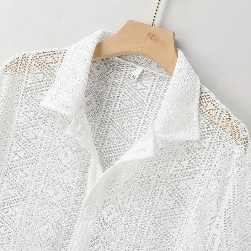 Summer Mens Clothing Mesh See Through Sexy Shirt Short Sleeve Fishnet Buttondown Retro Chic Streetwear Party Blouse S5XL 250807