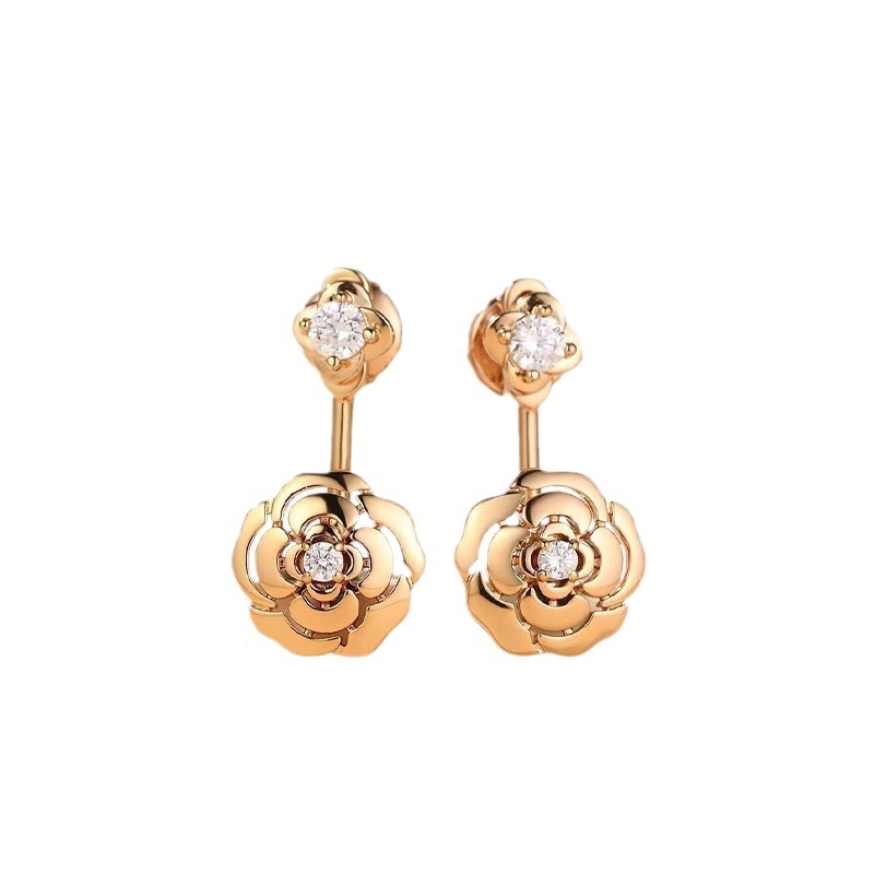 Free Shipping Designer Luxury Jewelry S925 Sterling Silver Rose Gold Camellia Double Flower Earrings New Single Diamond Flower Stud Earrings Women