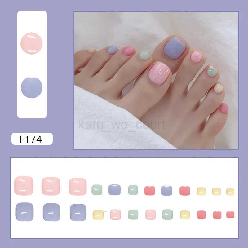 24pcs Summer Color False Toenails Purple Pink Sweet Korean Fake Toe Nails Wearable Detachable Square Head Press-on Toenails M250807