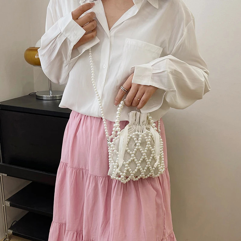 Pearl Women Bucket Tote Bag Woven Pearl Crossbody Bags for Women Small Wallet Handbag Casual Drawstring Female Coin Purse 250807