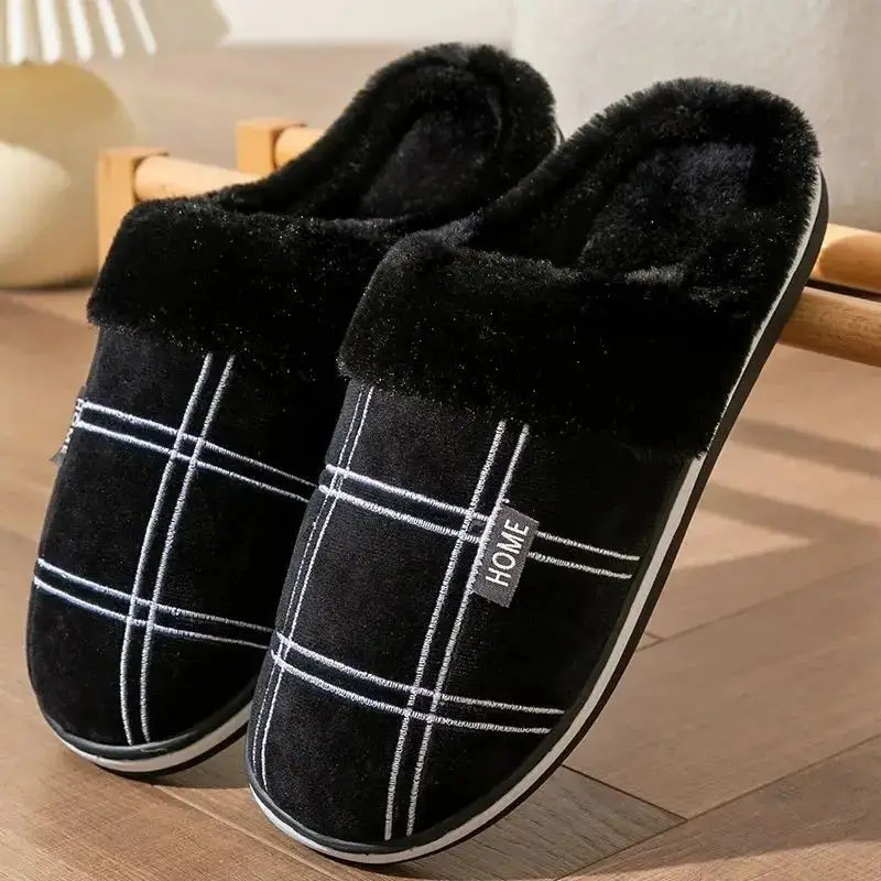 Men Home Slippers Plaid Memory Foam Winter Plush Male Indoor Shoes Warm Soft Non-Slip Slippers Black Large size 50-51 Fashion 250805