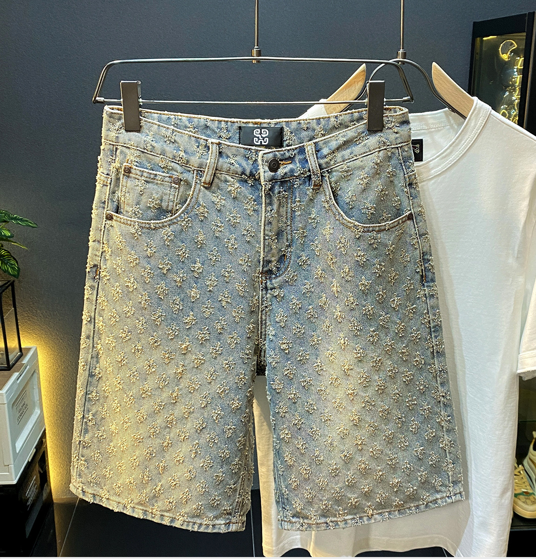 Mens five point pants 2024 loose straight wide leg perforated jacquard highend casual denim shorts