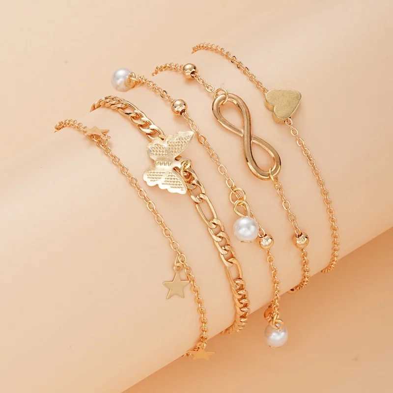 4Pcs Bohemian Summer Beach Anklet Set For Women Vintage Gold Color Pearl Butterfly Star Heart Pendant Charm Chain On Leg Jewelry Y250805