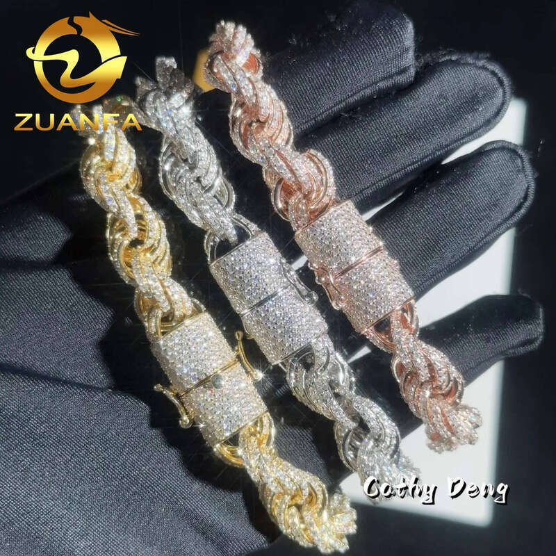 10MM 3 Color Twist Sier Rope Fully Iced Out Moissanite Dia Link Bracelet Hip Hop Jewelry Men Necklace Chain
