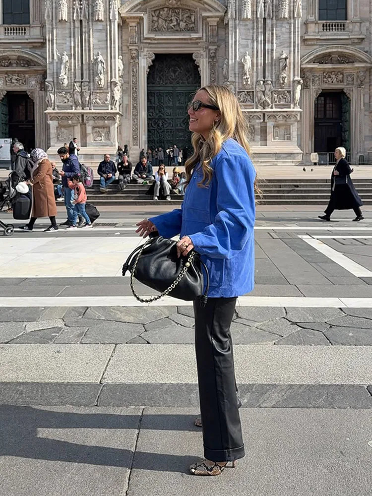 Suede Blue Contrst Color Womens Jacket Single Breasted Lapel Full Sleeves Pocket Coats Spring Lady High Street Outwear Top 250805