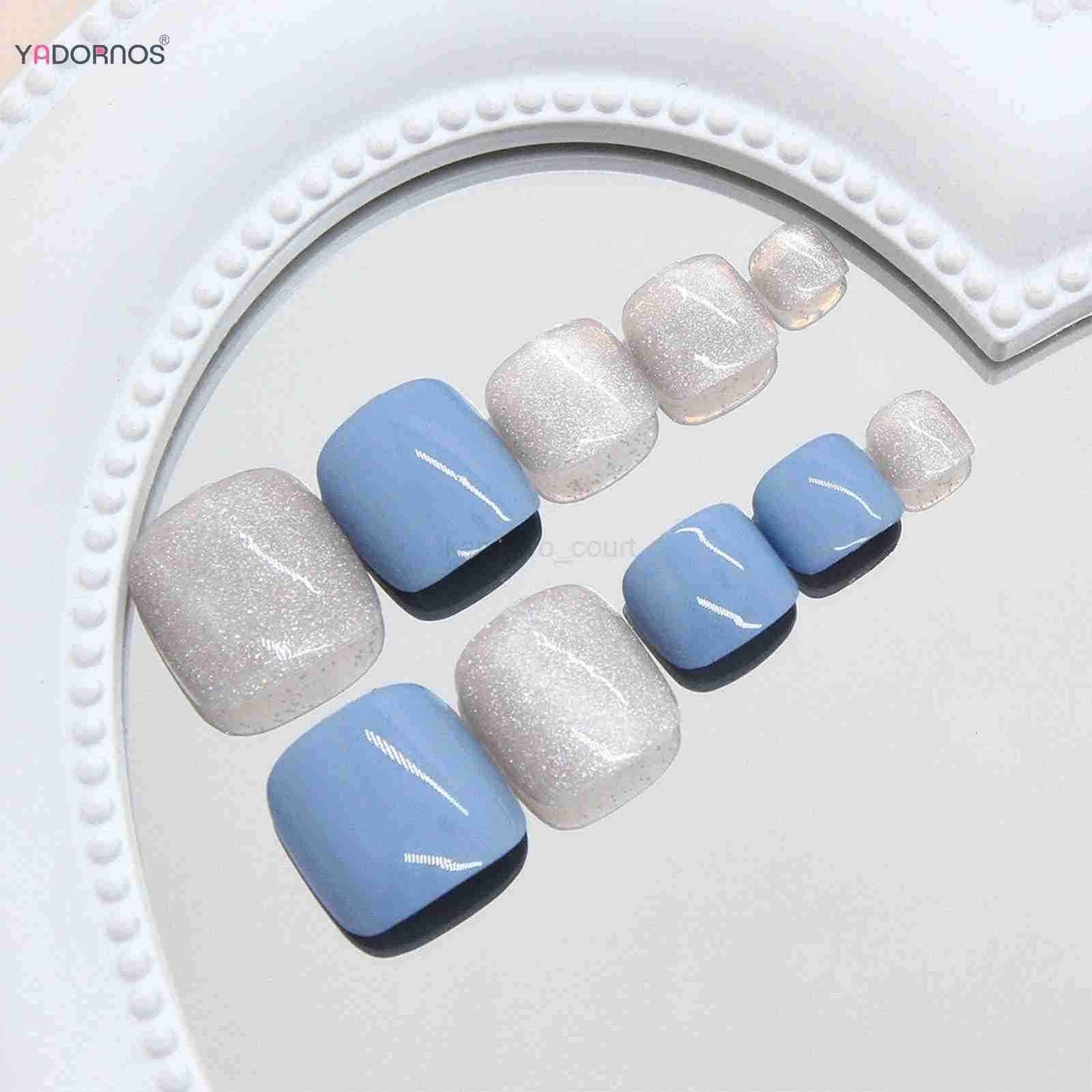Summer Blue Fake Toenails Glossy Sequins Designs 24Pcs Short Press On Nails For Barefoot Decor Diy Manicure False Nails Art M250807