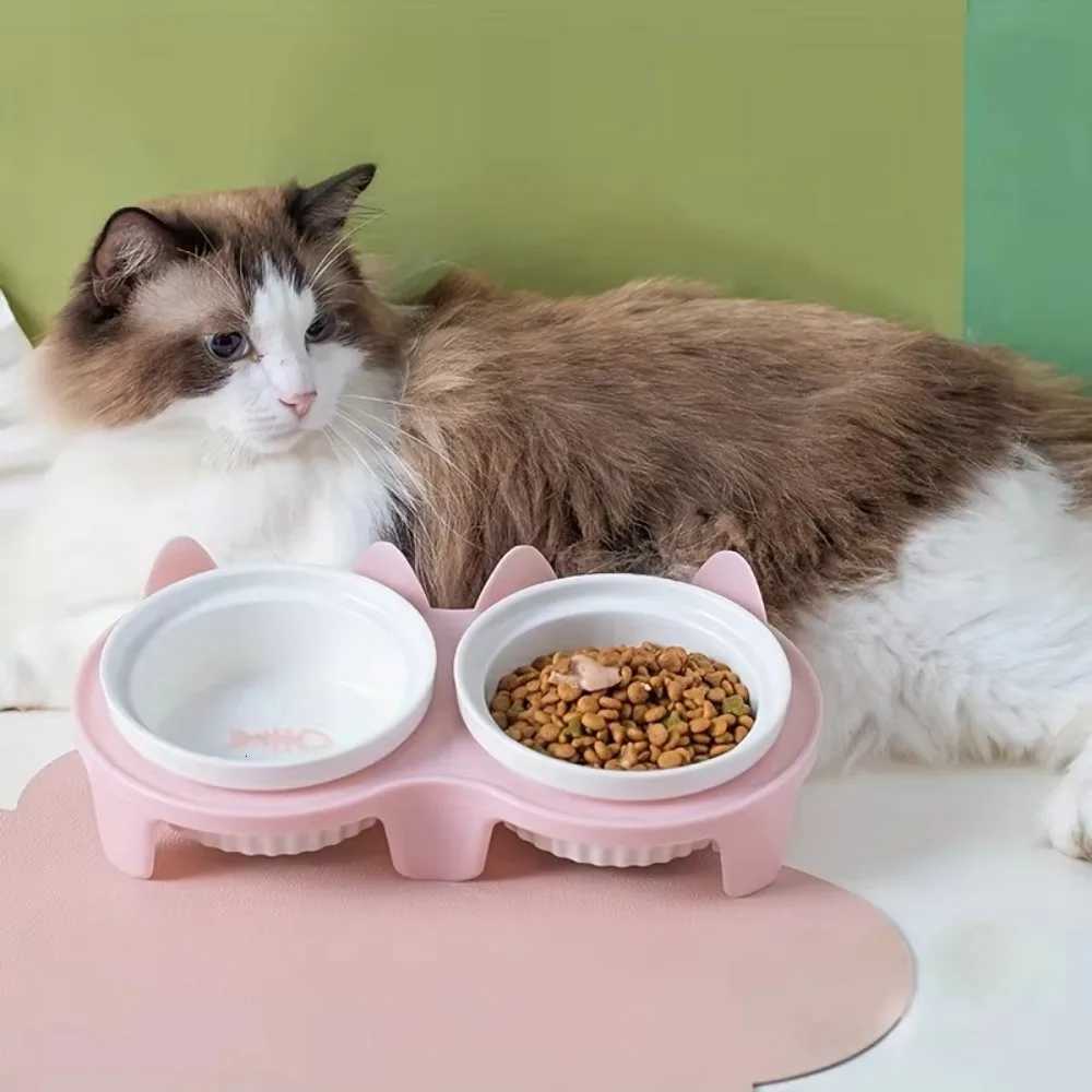 Colorful Cat Bowl Double Bowl Ceramic Cat Food Pot Cervical Protection High Foot Diagonal Water Bowl For Drinking Feeding Y250806