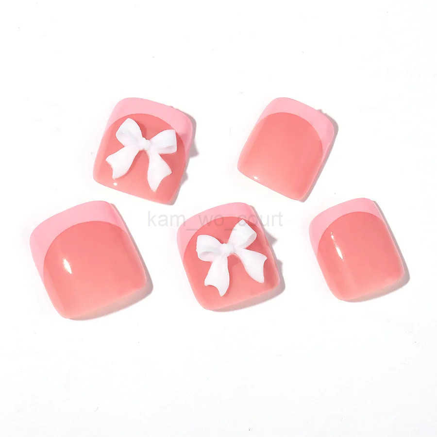 24pcs French Pink False Toenails White Bow Design Summer Press On Nails for Feet Wearable Square Fake Nails Patch Manicure Set M250807