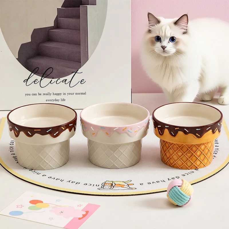 Ice Cream Cat Bowl Ceramic Cat Food Bowl Big Mouth Protection Cervical Neck Dog Bowl Hight Foot Pet Feeder Y250806