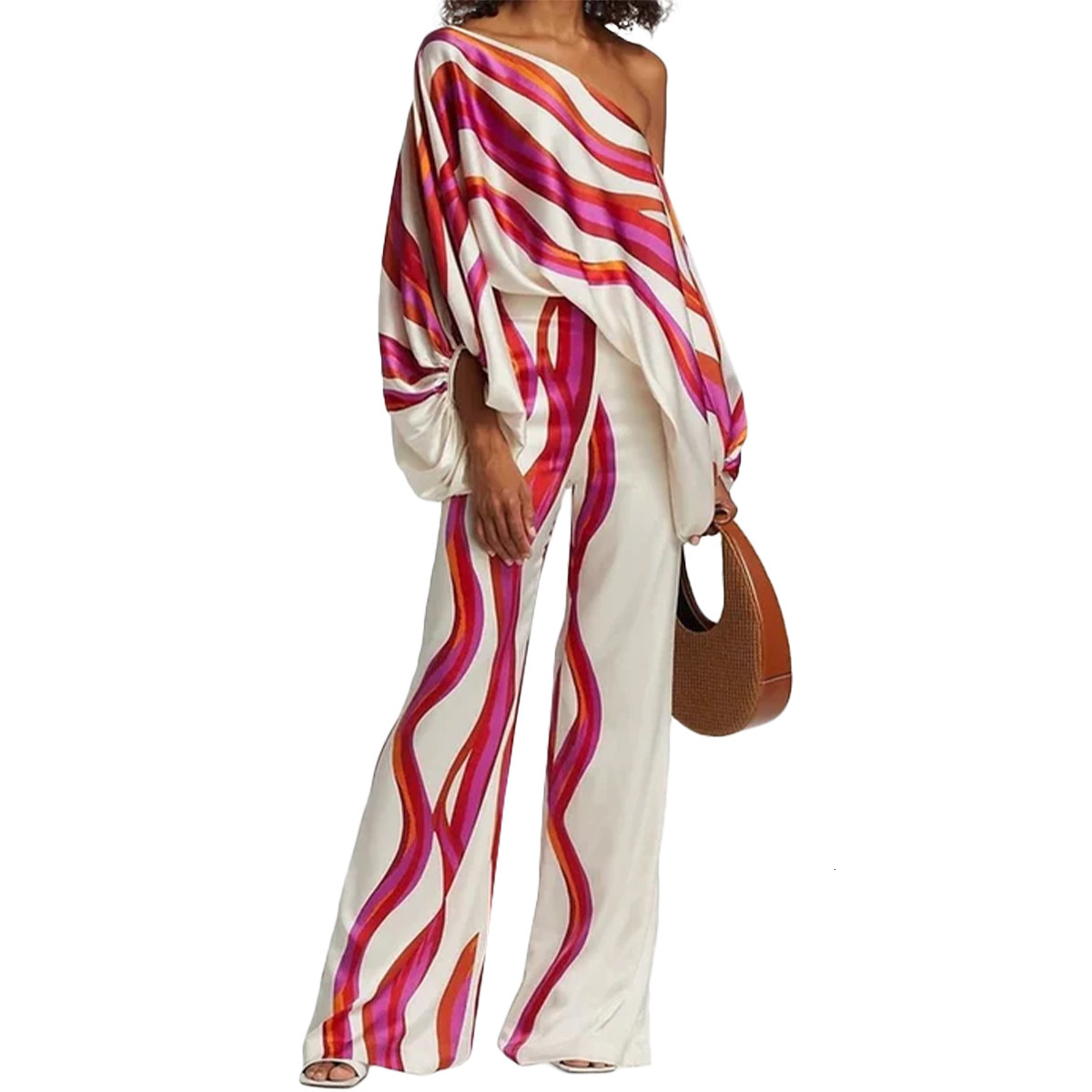 D9713 Womens Fashion Casual Satin Print Loose Off-Shoulder Top and Pants Two-Piece Set