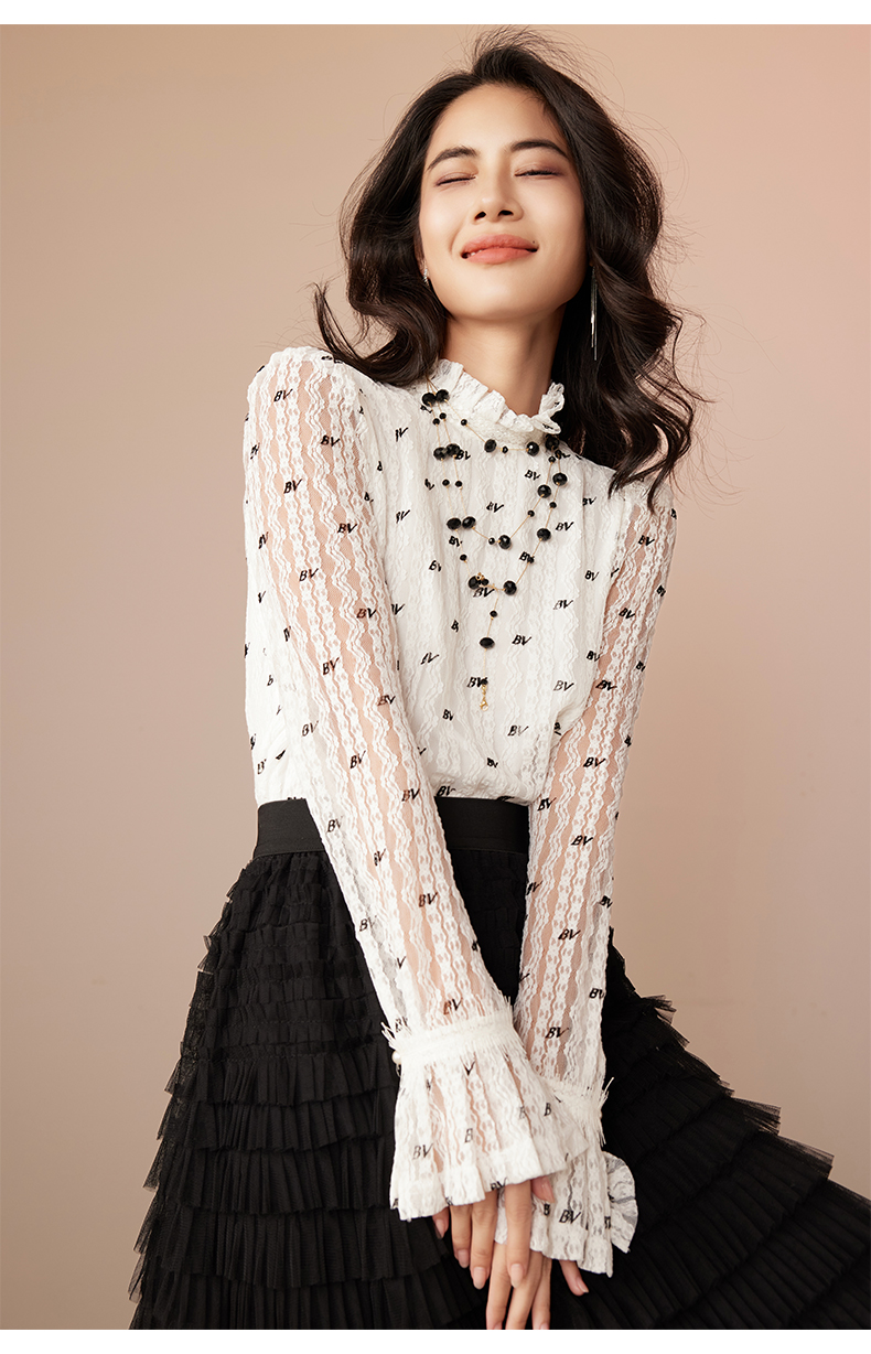Sweet Ruffled Neck Lace Tops for Women Sheer Long Sleeve Blouses Dressy Autumn Casual Letter Print Shirt 6112717