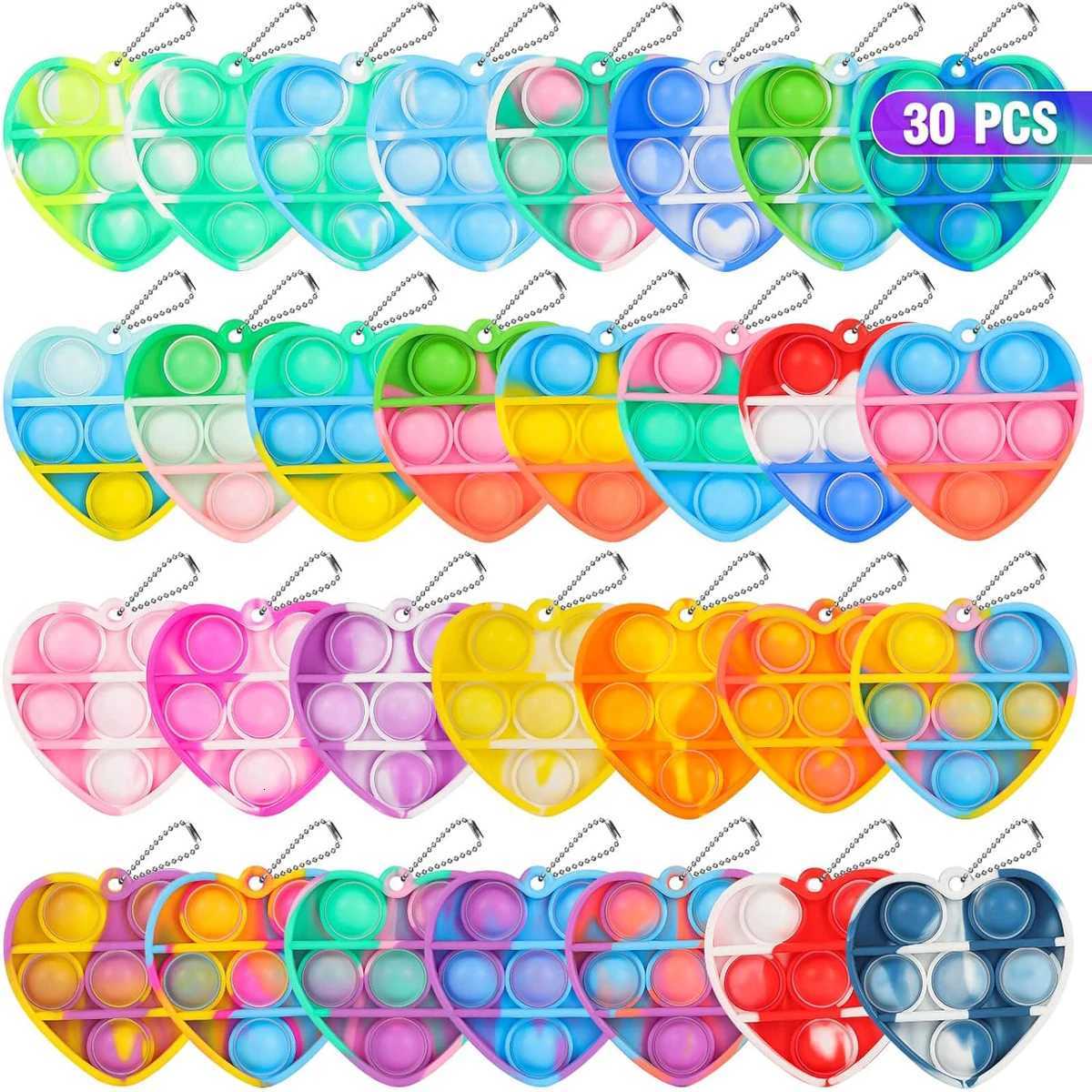 30pcs Pop Keychain It Fidget Toys Bracelet Heart Key Ring Rainbow Sensory Toys Set Bulk Pack Classroom Prizes Party Favors Z250807