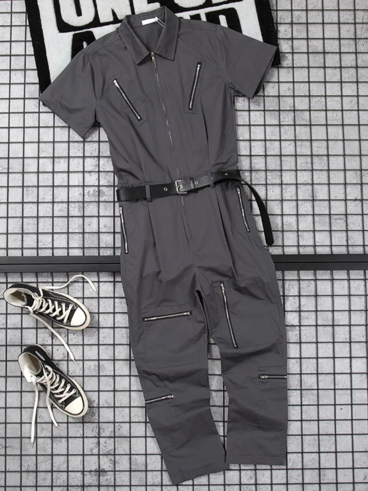 Lovers Cargo Jumpsuit High Street Solid Color Loose Overalls Set MultiPockets Full Sleeve Zipper Straight Pants Male M2XL 250804