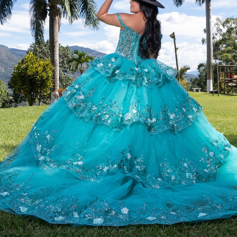 Water Blue Shiny Quinceanera Dresses Ball Gown Off The Shoulder Sequin Applique Lace Beads Tull Party Birthday Sweet 16 Dress