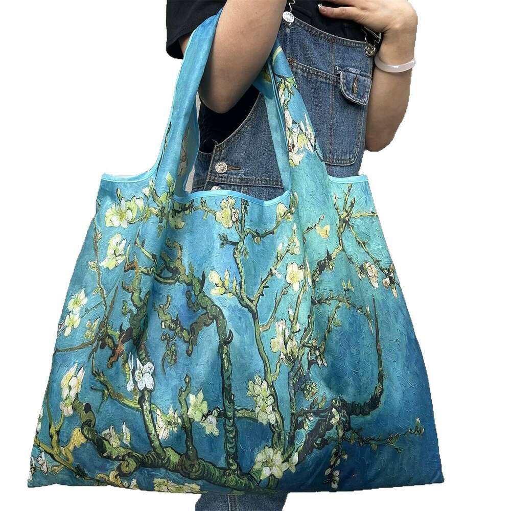 2025 New Eco-friendly Travel Oil Painting Series Cartoon Foldable Handheld Shopping Grocery Bag