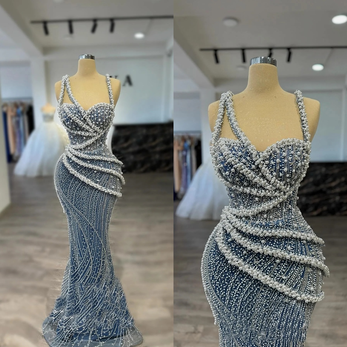 Luxury Evening Dresses For Women Sweetheart Neck Spaghetti Straps Sleeveless Gown Pearls Sequins Sweep Train Dress Party Customized Dress