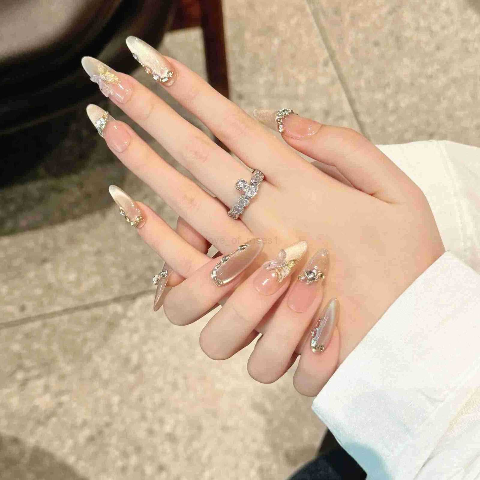 10Pcs/Set Finished Fake Nails with Butterfly Design Champagne Cats Eye French Handmade Press-on False Nails for Women and Girls Z250807