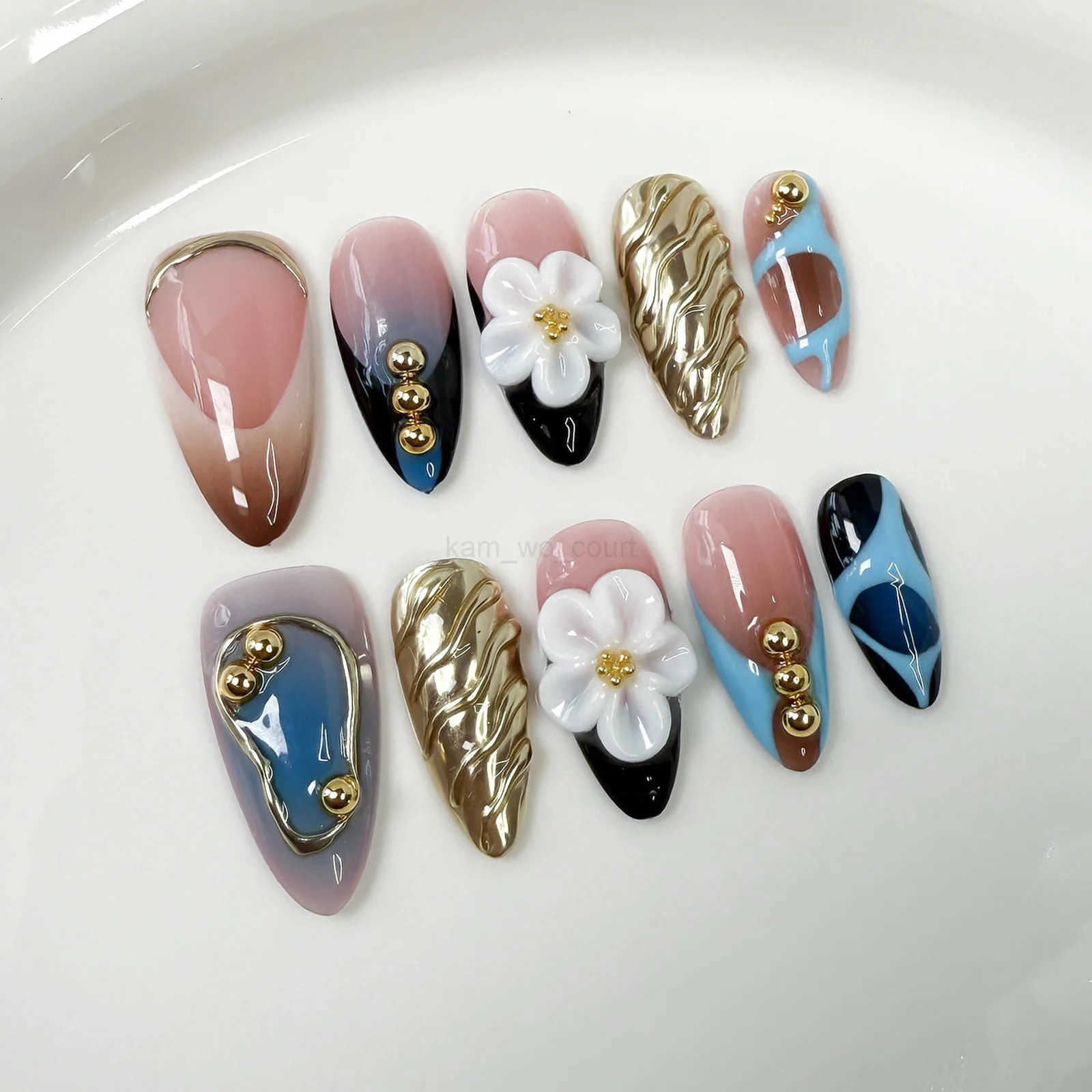 10pcs Blush Almond Handmade Press On Nails 3D White Flower Baroque Style False Nails Summer French Tip Sweet Cool Fake Nails M250807