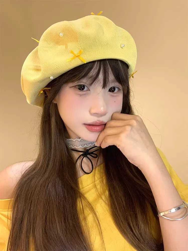 Korean Sweet Bow Yellow Beret Womens Summer Thin Cut Hollow Breathable Face Enhancing Small Artist Hat Newsboy Hat XJ250807
