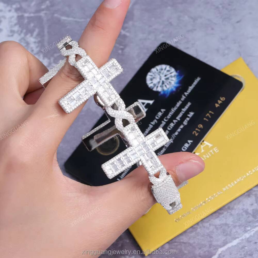 Fashion Cross Design S925 Silver Moissanite Bracelet Hip Hop Jewelry VVS Baguette Moissanite Diamond Cross Cuban Bracelet
