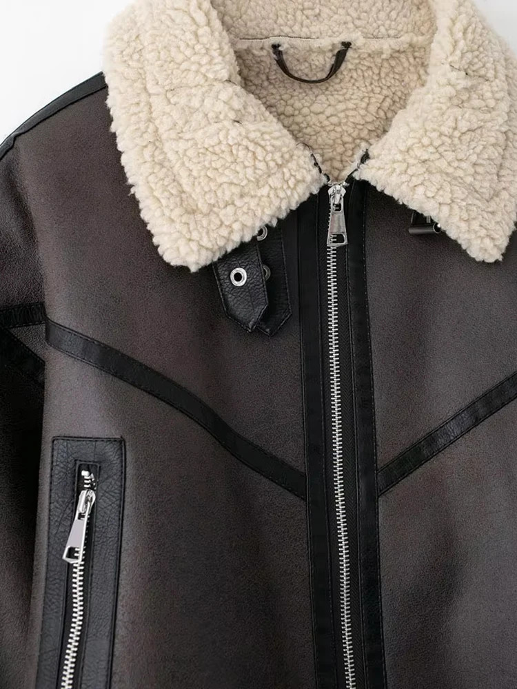 TRZA Winter Women Fashion With Belt Suede Lamb Leather Jacket Coats Faux Shearling Sheepskin Leather Outerwear Chic Tops 250804