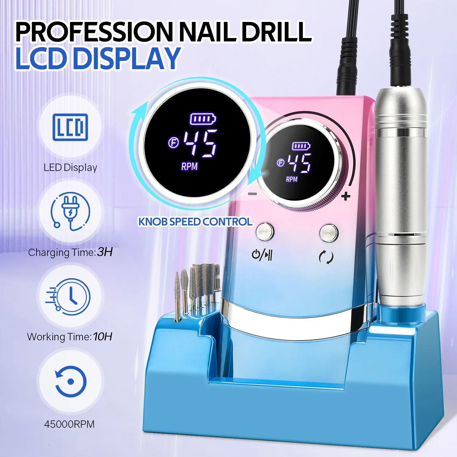 45000RPM Electric Nail Drill Machine Professional Nail Drills for Gel Nails Polish Rechargeable Portable Nail File Manicure Tool 250807