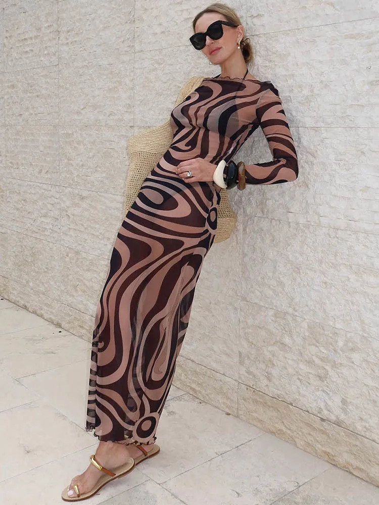 Mozision Elegant Striped Print Sexy Maxi Dress For Women Mesh See Through Patchwork Long Sleeve Beach Club Party Dresses 250807