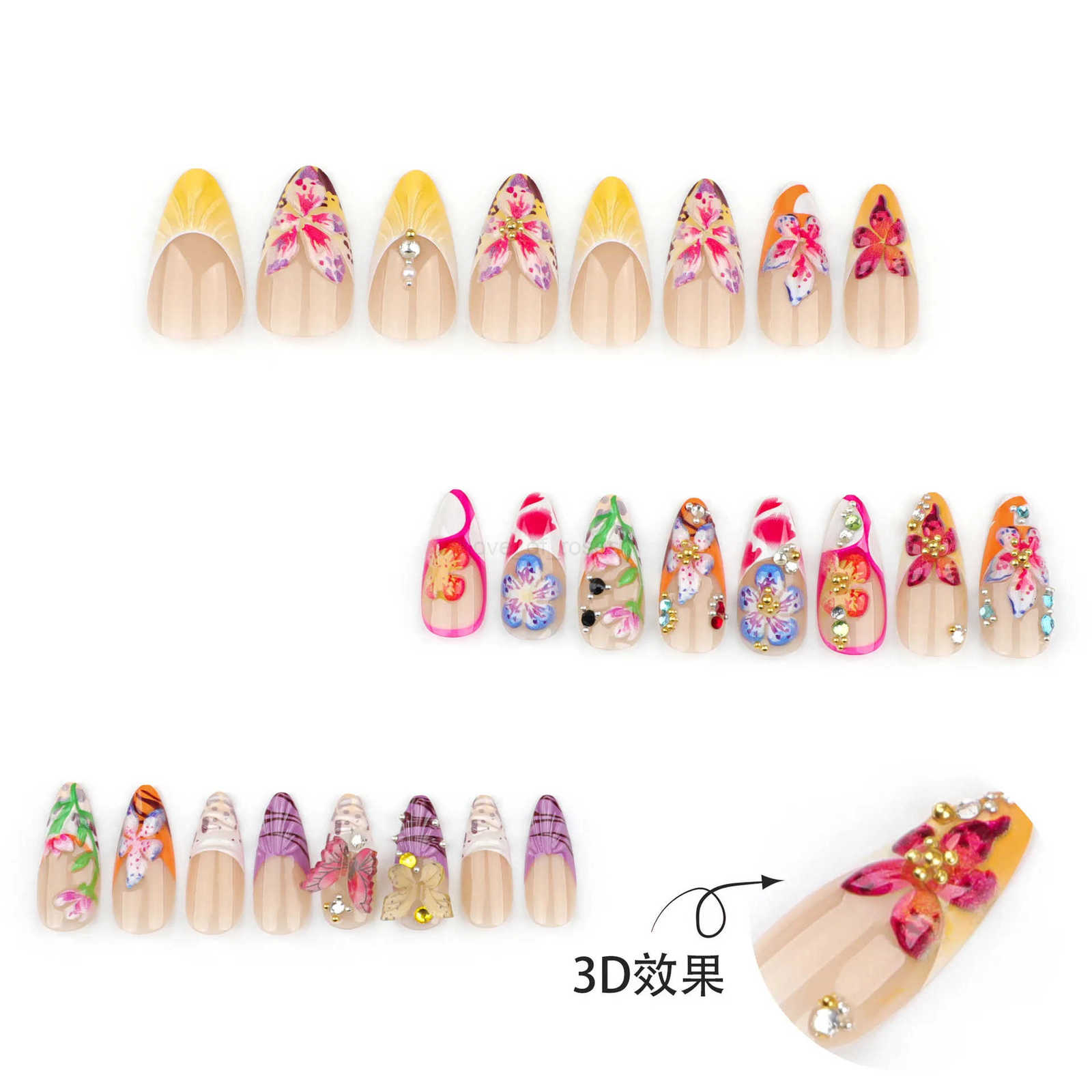 24pcs Tropical Flower Press On Nails Colorful French 3D Crystal Butterfly Shell Pattern Printed False Nails Almond Fake Nails Z250807