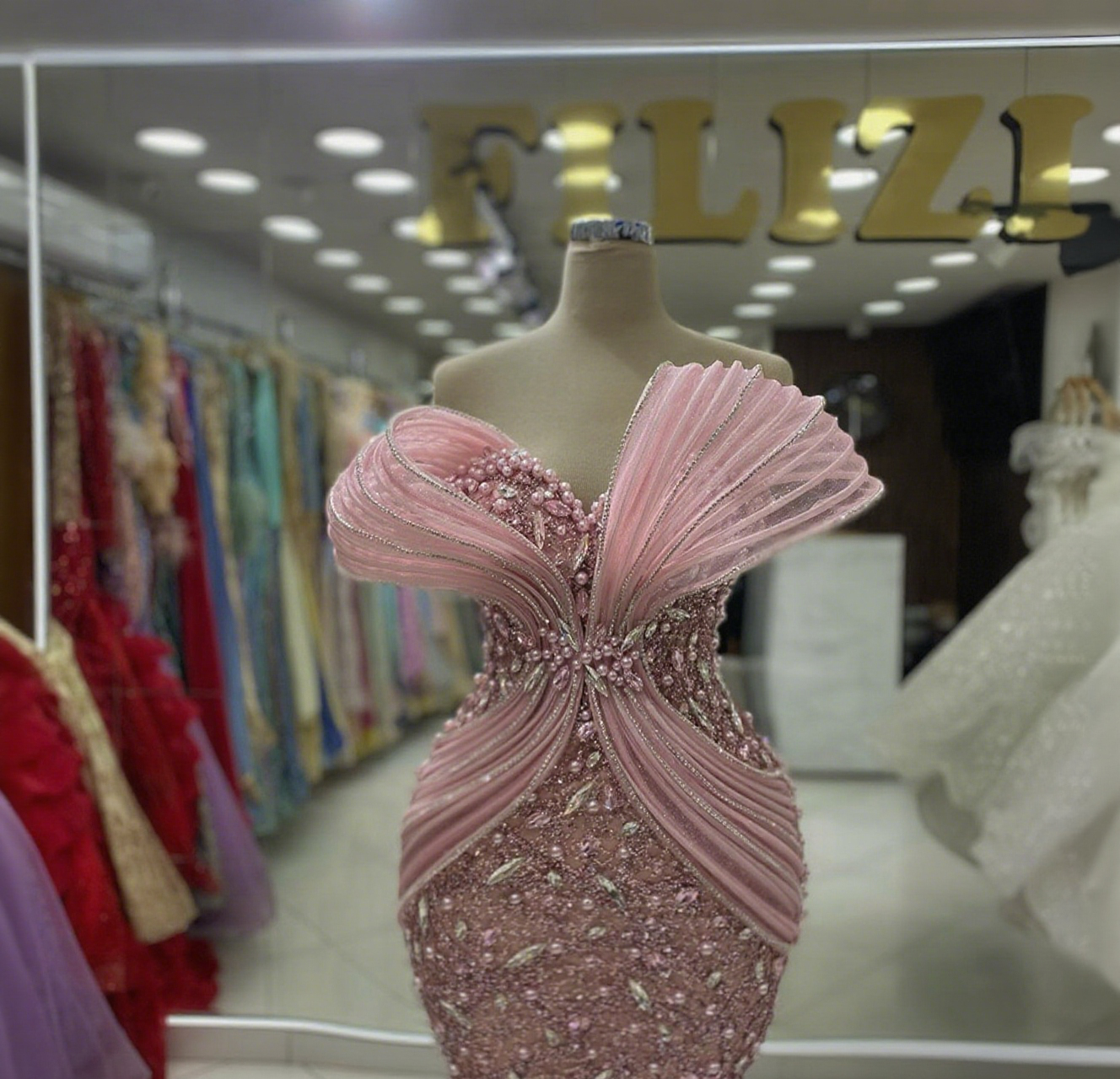 Luxury New Elegant Pink Sequins Lace Mermaid Evening Dresses Strapless For Women Beaded Prom Dress Party Gown Customized Vestido de novia