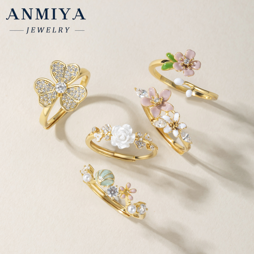 Dainty Shining Zircon Rings Flower Ring 18k Gold Plated Jewelry 925 Sterling Silver Jewelry Gift Rings Set for Women Wedding