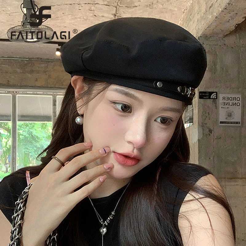 Fashion Metal Buckle Women Beret Korean Girl Octagonal C Solid Color Retro Painter Artist Hat Thin Cotton Spring Berets Hat XJ250807
