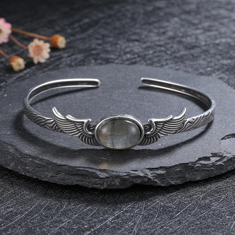 S925 Silver Bracelet Vintage Natural Labradorite Amethyst Adjustable Bangle for Women Fine Jewelry Valentine Day Gift 250730