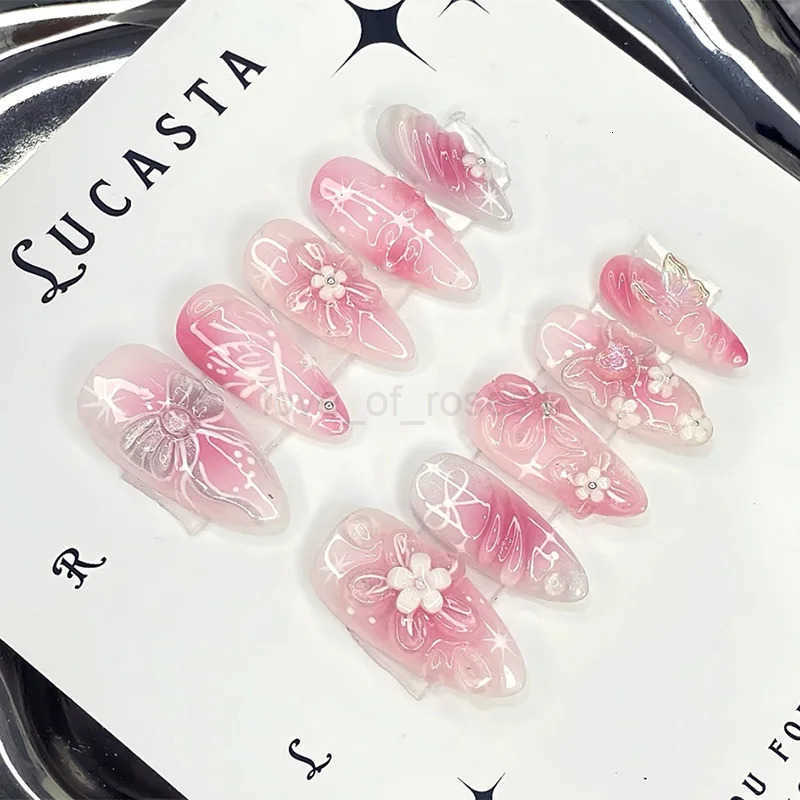 24pcs Gradient Pink Almond False Nail Tips Wearable Cats Eye Smudge Design Nails Set Press on Sweet Butterfly Flower Fake Nails Z250807