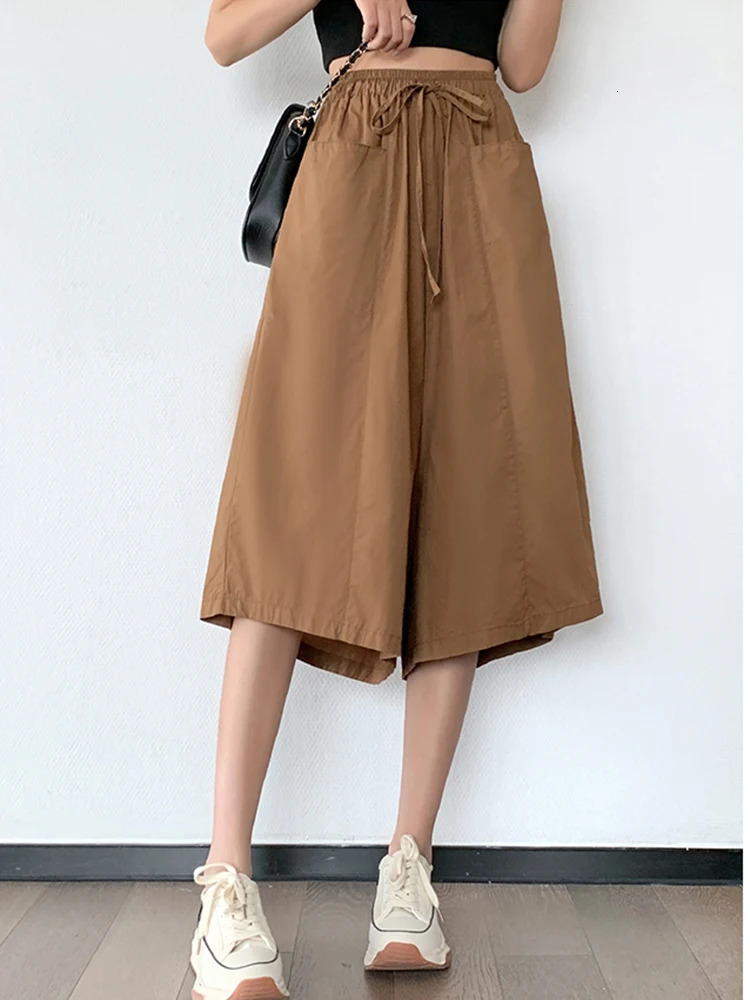 Casual Loose Wide Leg Pants Woman Thin Summer Plus Size Baggy Elastic Waist Lace Up Slacks CalfLength Trousers Culottes 250805