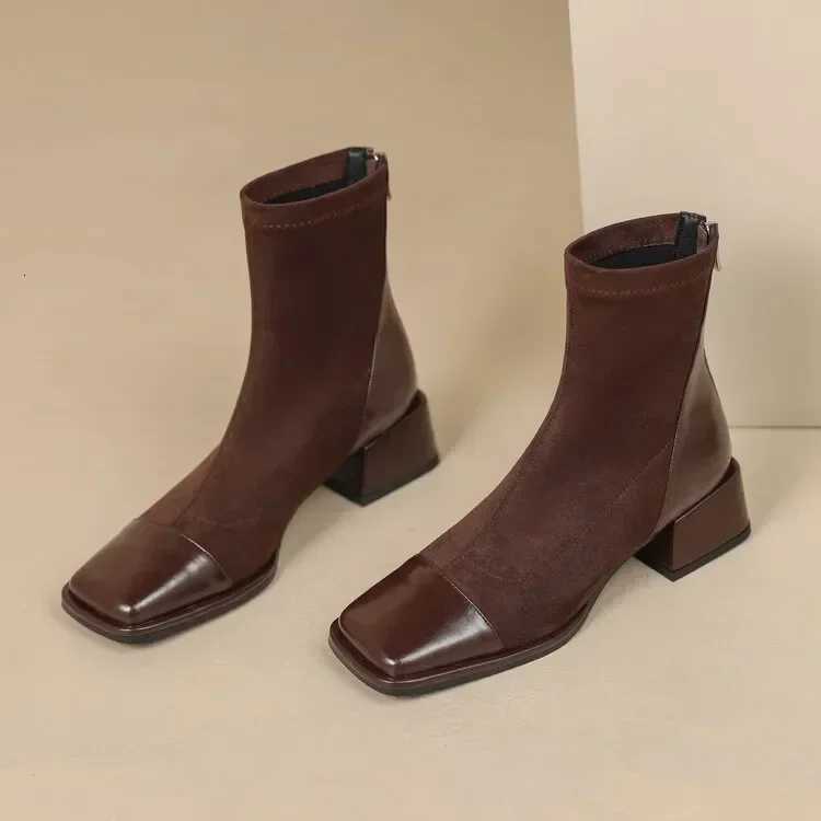 Women Fi Square Toe Chunky Heel Short Boots New Autumn Winter Elastic Skinny High Heels Shoes Womens Shoes XJ250807